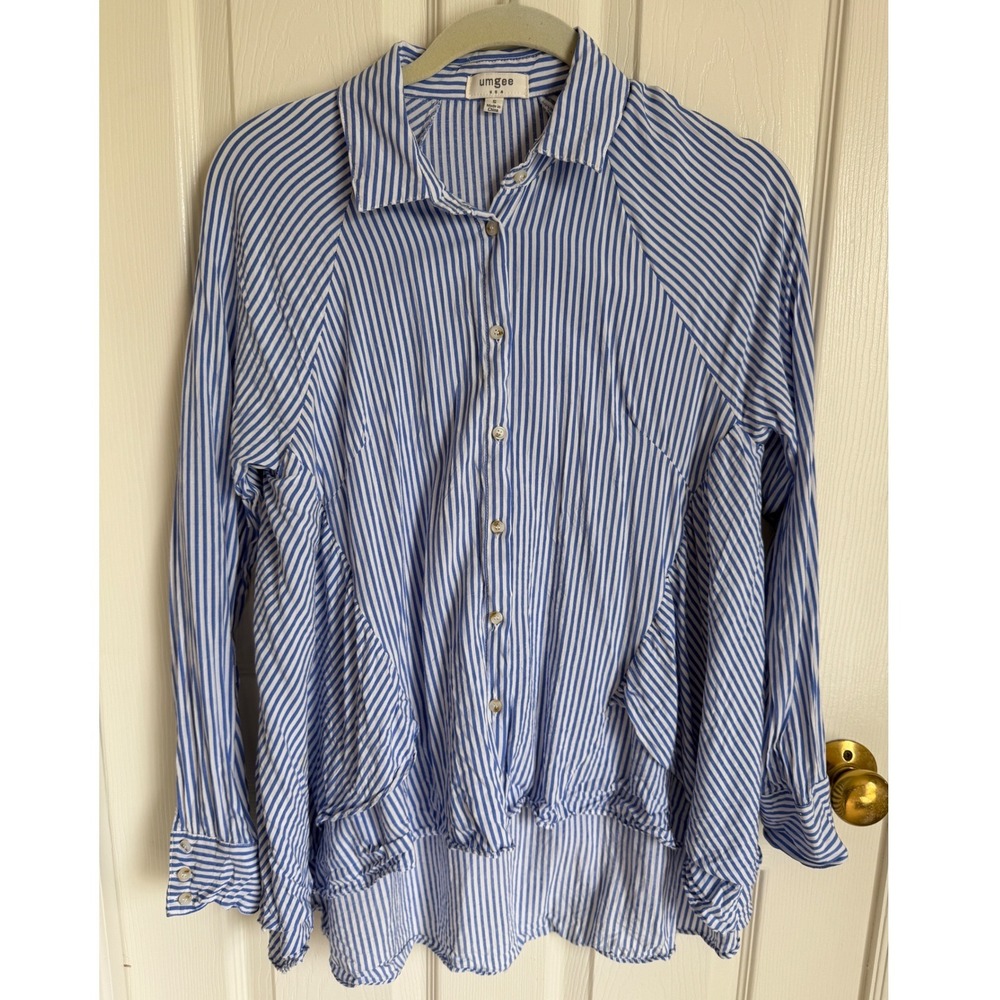 Umgee USA‎ Blue White Striped Ruffle High Low Button Down Shirt Small